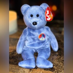 ☮️ TY Beanie Baby Peace Bear Blue Plush 2002